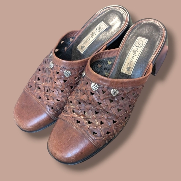 Brighton Brown Heart Cut-Out Leather Slip-On Heeled Mules Size 8.5 Cottagecore - Picture 1 of 11